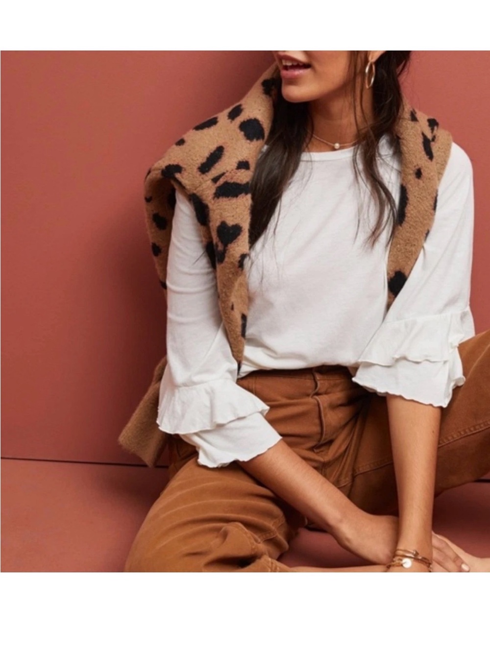 T.La Anthropologie Chelsea White Ruffle-Sleeve Long Sleeve Tee Shirt Top